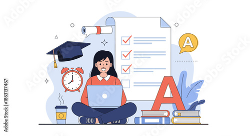 Student girl celebrating high grade achievement with laptop, books, and checklist for university graduation preparation success.