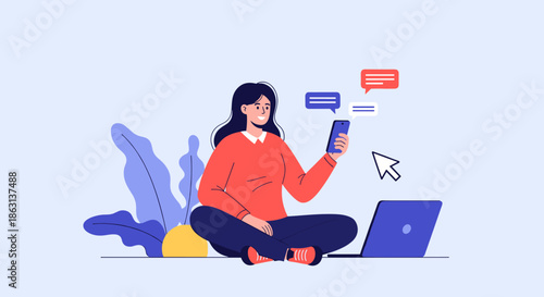 Girl using laptop and smartphone with message bubbles depicting social media communication and digital networking at home.