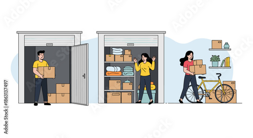 People moving household items and boxes into various self-storage unit containers for space management and relocation.