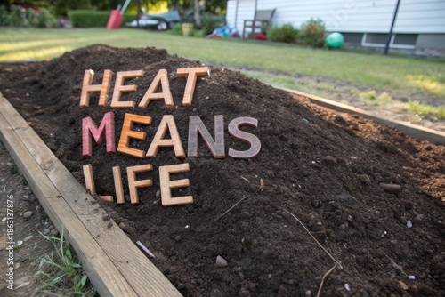 Heat Means Life spelled out on a compost pile