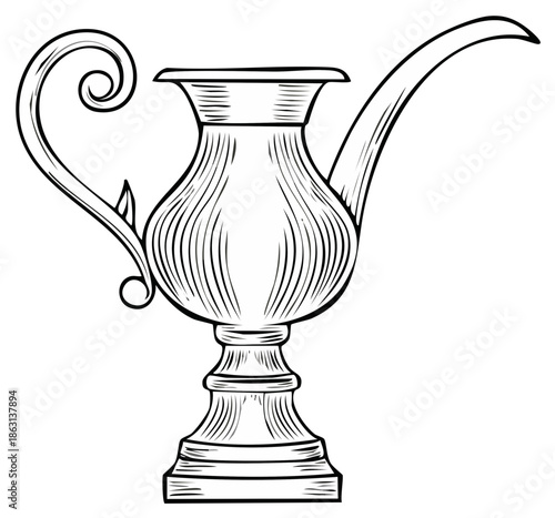 Vintage ewer pitcher in an engraved style, classic black and white line art illustration