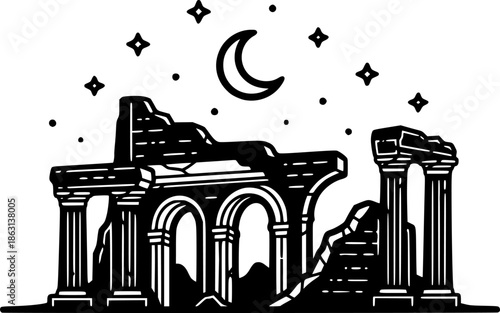 Stylized monochrome representation of ancient ruins beneath a ra
