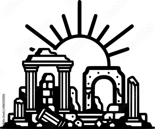 Stylized monochrome representation of ancient ruins beneath a ra
