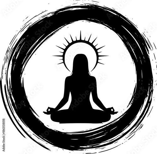 Serenity symbol meditation silhouette in circle of brushstrokes
