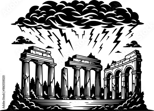 Stylized monochrome representation of ancient ruins beneath a ra
