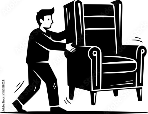 Monochromatic illustration depicting a man transporting furnitur
