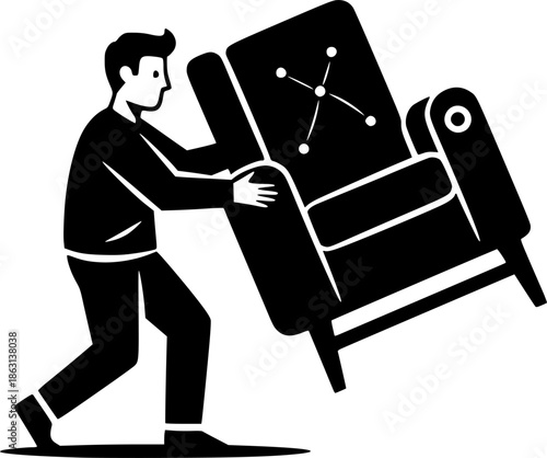 Monochromatic illustration depicting a man transporting furnitur
