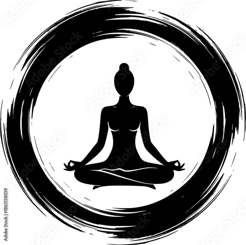 Serenity symbol meditation silhouette in circle of brushstrokes
