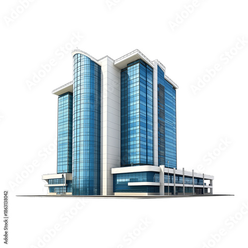 Modern Glass Office Building with Curved Facade on Black Background isolated on a transparent background