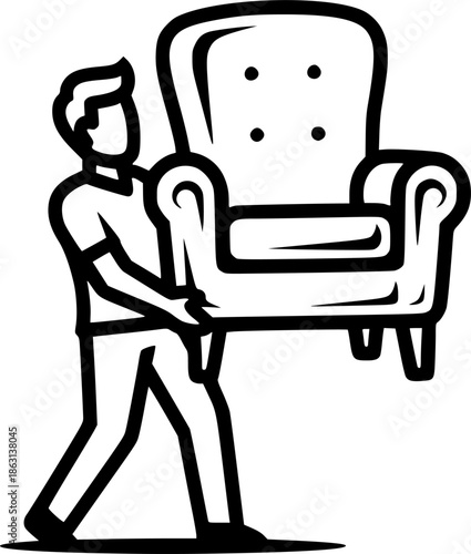 Monochromatic illustration depicting a man transporting furnitur
