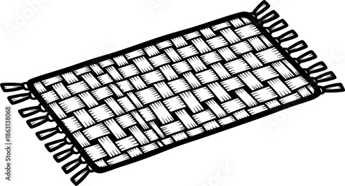 Engraved rendition of a woven mat or rug with fringe, minimalist
