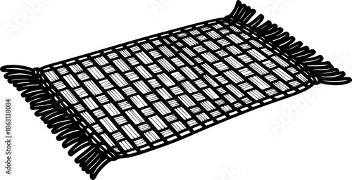 Engraved rendition of a woven mat or rug with fringe, minimalist
