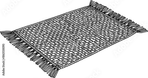 Engraved rendition of a woven mat or rug with fringe, minimalist
