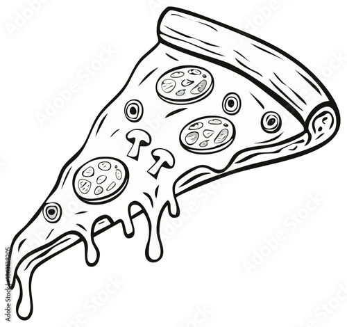 Cartoon pizza slice with pepperoni and mushrooms black and white line art illustration