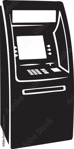 Black and white silhouette of an automated teller machine with screen and keypad banking finance