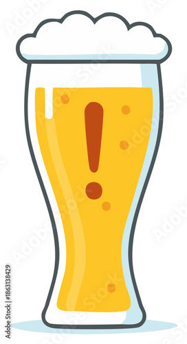 Cartoon illustration of a foamy beer glass with a red exclamation mark warning symbol inside
