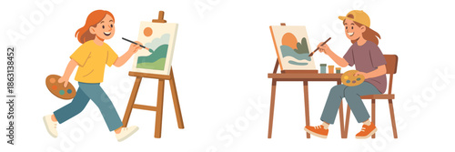 Creative young artist paints a landscape using a canvas and easel