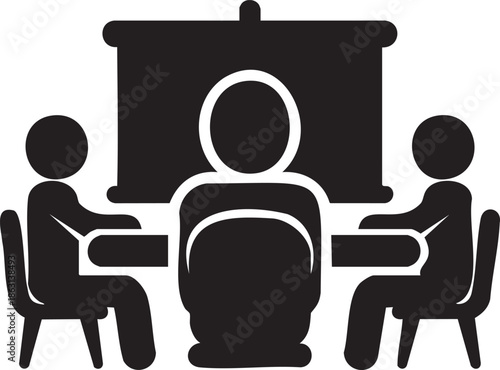 Three black silhouette figures in a meeting around a table with a presentation screen white people