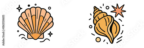 Colorful vector illustration of seashells in a beach setting