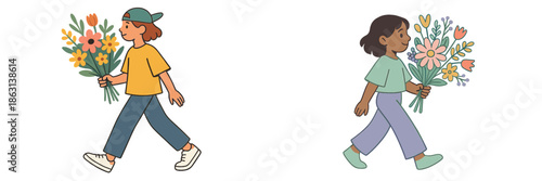 Two characters stroll happily while holding vibrant flower bouquets