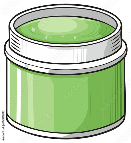 Open jar of green cosmetic cream or soothing skincare gel illustration