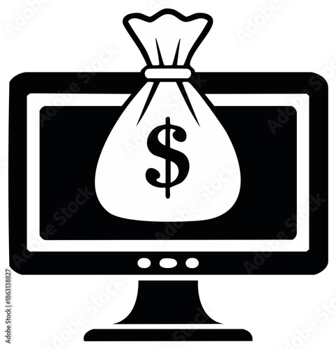 Money Bag with Dollar Sign Emerging from Computer Screen