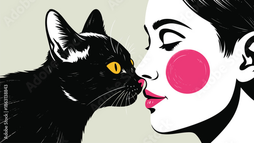 A black cat with glowing golden eyes shares a tender nose touch with a stylized woman