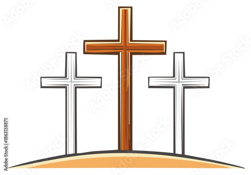 Three Crosses Symbolizing Faith and Redemption on a Hillside