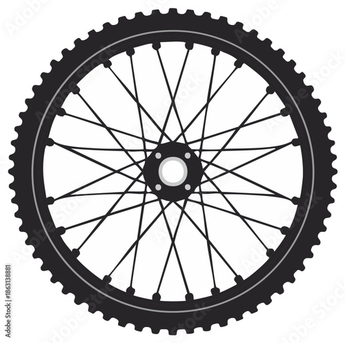 Graphic vector illustration of a mountain bike wheel with a spiky off road tire and metal spokes