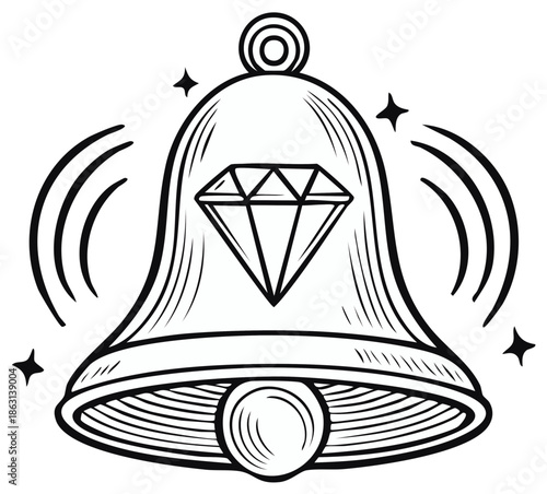 Cartoon bell ringing with a diamond gem, sparkling stars, and sound waves