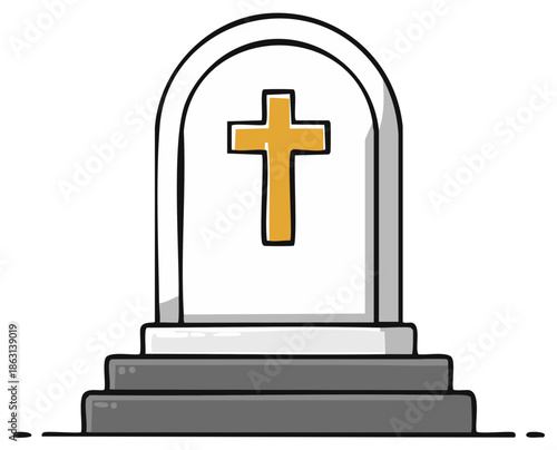 Cartoon tombstone illustration with golden cross on steps for memorial symbol