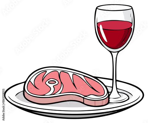 Illustration of a raw steak on a plate with a glass of red wine for dinner, fine cuisine