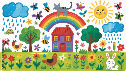 A bright and happy cartoon world shows a house, fluffy clouds, a rainbow, and many friendly animals