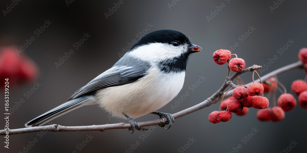 Obraz premium Black capped chickadee bird perching on branch eating red winter berries with frosted texture