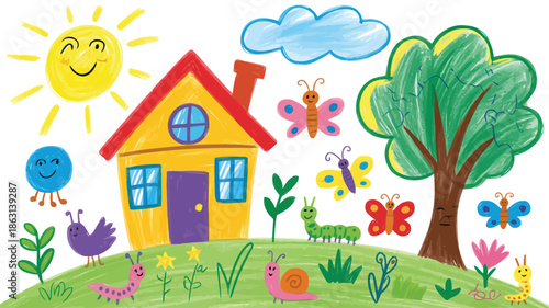 A charming childish drawing of a yellow house with smiling sun and happy garden creatures