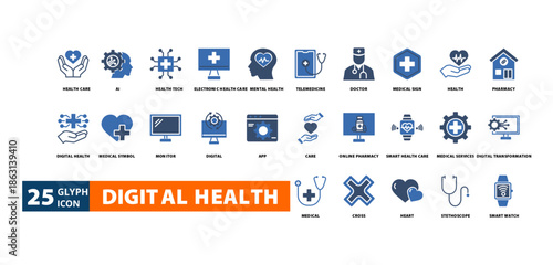 digital health icon set with healthcare, ai, health tech,
electronic healthcare, mental health, telemedicine,
doctor, medical sign, health, pharmacy, digital health,
medical symbol, monitor, digital,