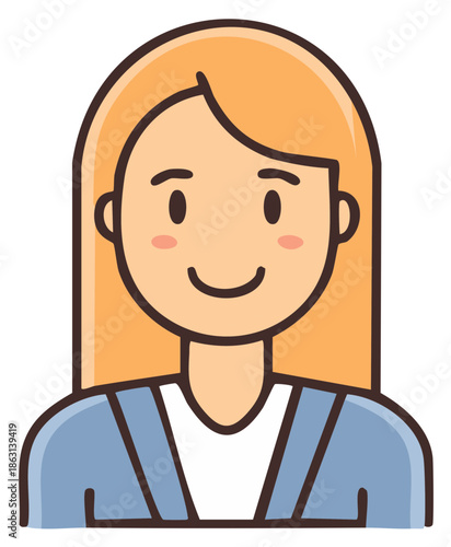 Illustration of a smiling woman with blonde hair wearing blue outfit. Head and shoulders view of a female cartoon character.
