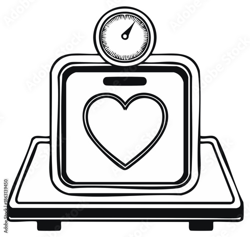 Stylized heart health monitor with a pressure gauge a black and white conceptual line art illustration
