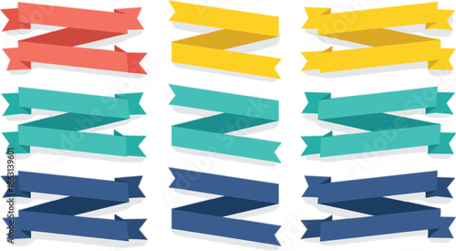 Colorful ribbon banner set with folded shapes and blank labels, modern decorative elements for sale promotions, headings, infographics, web design, and branding templates