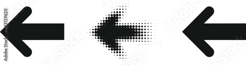 Left arrow direction icons set with solid and halftone styles, minimalist navigation symbols for user interface design, web apps, infographics, and digital control elements