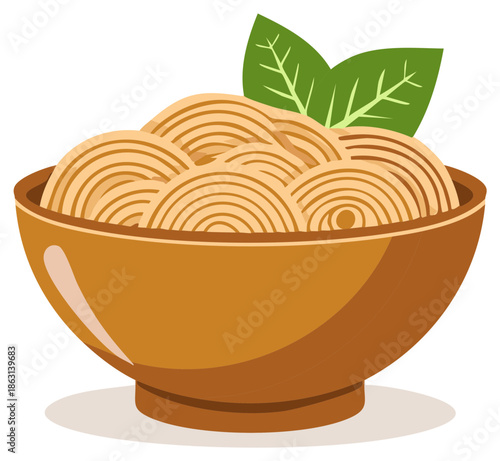 Cartoon noodle bowl with basil leaf.  Asian dish in minimalist design, for menu or background illustration
