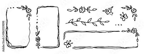 Floral rectangular frames and elements, wavy lines. Flowers, butterflies, leaves and twigs. Hand-drawn vector drawing in black outline, sketch in ink. Festive cute decoration.