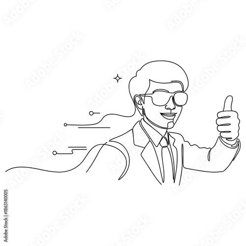 Young caucasian male in suit giving thumbs up with sunglasses and technology elements, no editable stroke