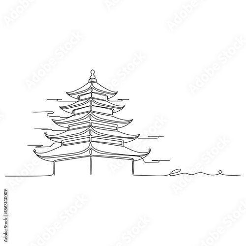 Minimalist line art of traditional asian pagoda in continuous style, no editable stroke