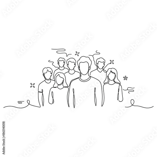 Line art illustration of diverse group of people standing together, no editable stroke