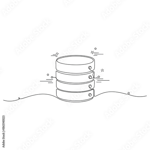 Minimalist line art of database storage with connection lines and abstract elements, no editable stroke