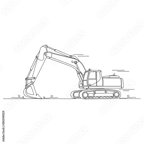 Minimalist line art of excavator at construction site, no editable stroke