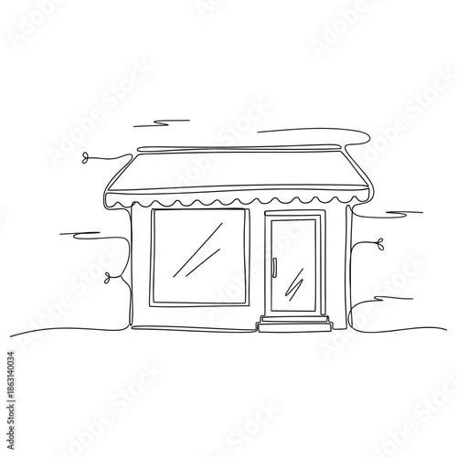 Simple line drawing of a small storefront with awnings and large windows, no editable stroke