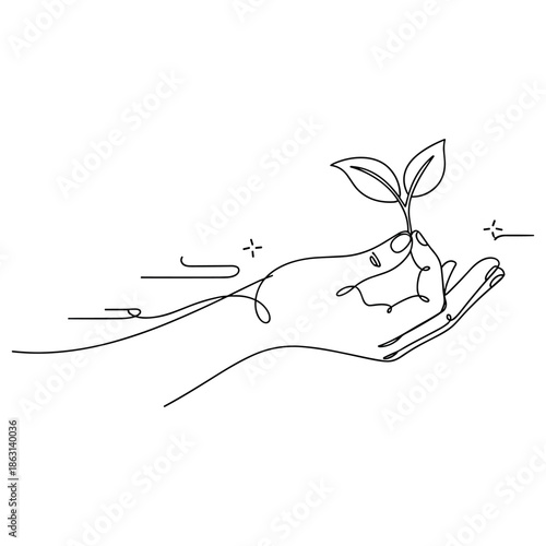 Minimalist line art: hand holding a growing plant symbolizing growth and nature, no editable stroke