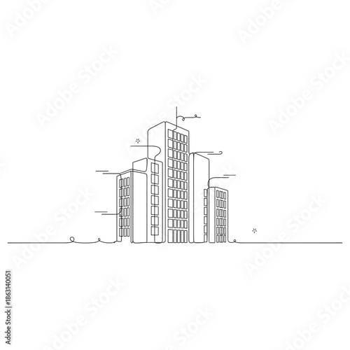 Minimalist line art of modern city buildings, no editable stroke